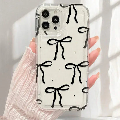 Case For iPhone 16 15 14 13 12 11 Pro Max Coquette Black Bowknot Print Clear Phone Cover For iPhone XR XS X 7 8 Plus SE2 Cases