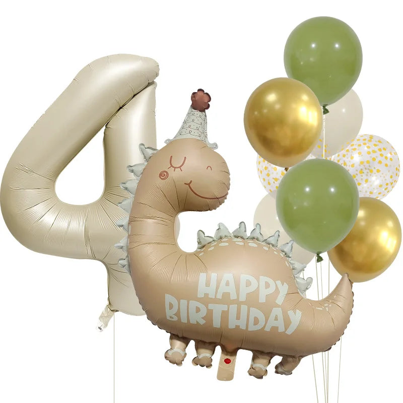 Retro Matte Caramel Colored Dinosaur Aluminum Film Number Balloon Set Happy Birthday Party Decoration Kids Background Photo Prop
