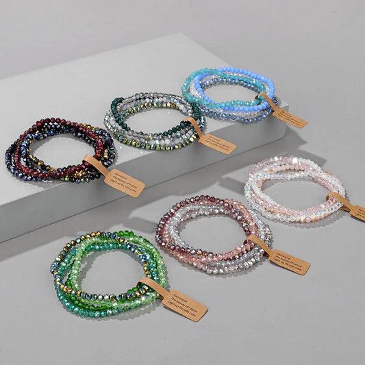 4 Pieces Set Faceted Glass Beads Stretch Bracelet Glass Beads Multi Color Elastic Beaded Handmade Bracelet Jewelry