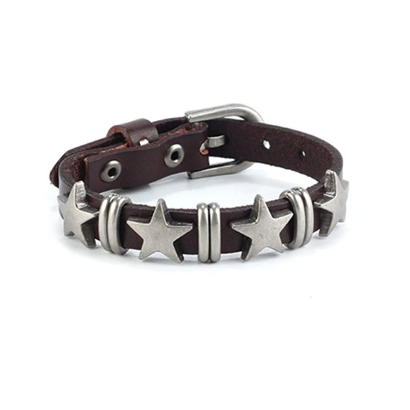 E0BF Goth Vintage Star Leather Alloy Bracelets For Women Men Gothic Retro Couple Bracelet Rock Party Jewelry Accessory-Decor
