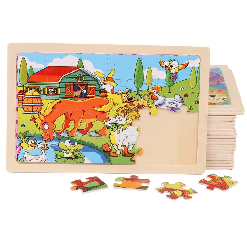24 Pieces Wooden Puzzles Kids Cartoon Animal Wood Jigsaw Early Educational Learning Toys for Children GIFT