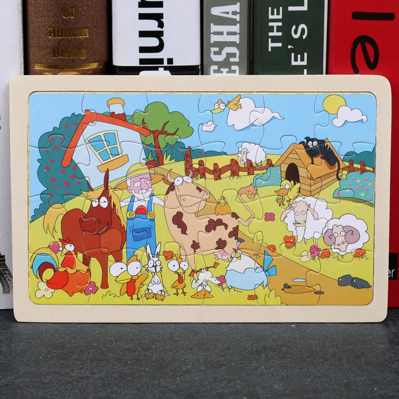 24 Pieces Wooden Puzzles Kids Cartoon Animal Wood Jigsaw Early Educational Learning Toys for Children GIFT