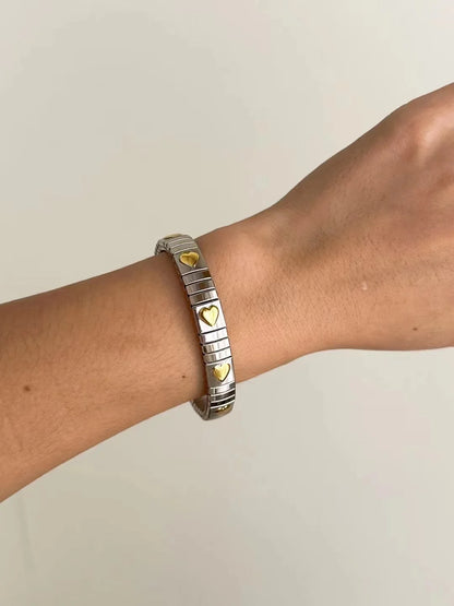 Titanium Steel Elastic Bracelet for Women.Heart Shape.1Pcs.Gold Plated Punk Jewelry.Hip Hop. New Design
