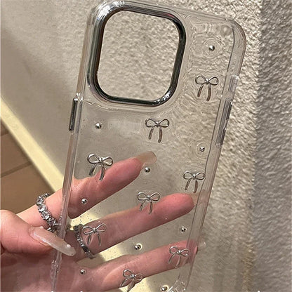 INS Japan Korea Silver Bowknot Phone Case For iPhone 15 16 14 13 12 11 Pro Max X XS XR 7 8 Plus Girl Epoxy Clear Glitter Cover