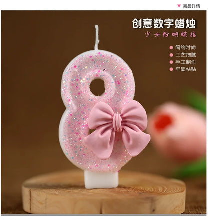 Number 0-9 Candle Cake Toppers with Pink Glitter Bow 1st Happy Birthday Cake Decorations for Girls 16th Birthday Party Supplies