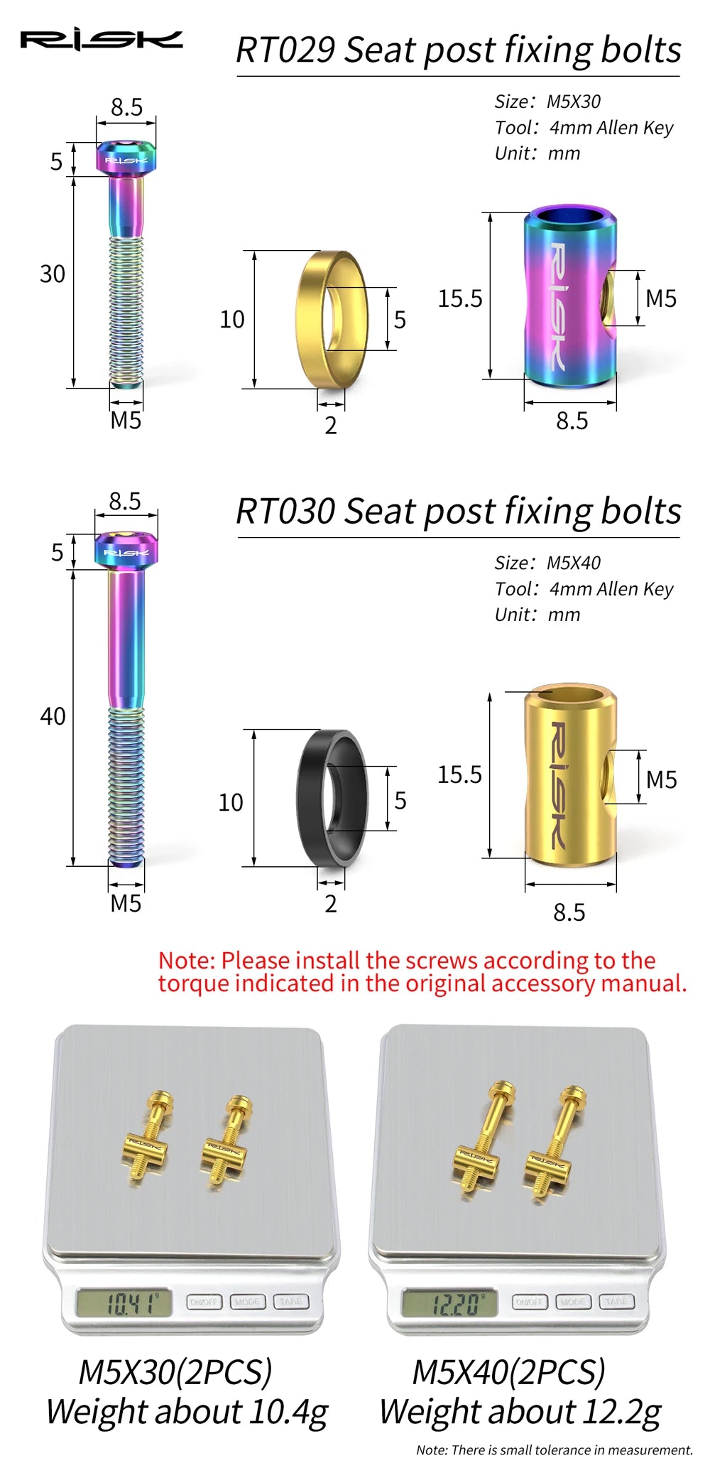 Risk 2pcs M5*30/40mm Titanium alloy Bicycle Seat Post Fixing Bolts MTB Road bike Seatpost Saddle Fixed Screws