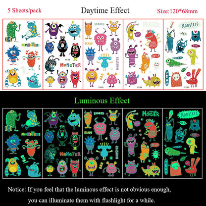 5 Sheets Luminous Tattoo Stickers Temporary Colorful Animal Dinosaur Tattoo Cute Tattoo Stickers Children's Body Tatto