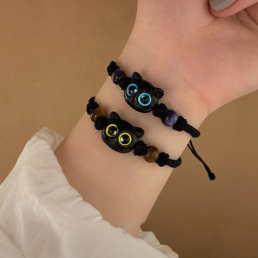 Cute Cat Bracelet For Women Funny Black Cat Bead Adjustable Braided Rope Charm Bracelets For Couple Friends Harajuku Jewelry