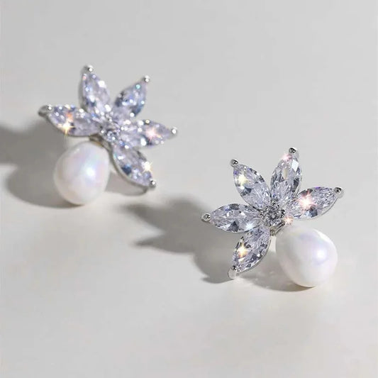 Graceful Lady Engagement Earrings Luxury Simulated Pearl Jewelry Sweet Female Wedding Accessories with Bright Zirconia
