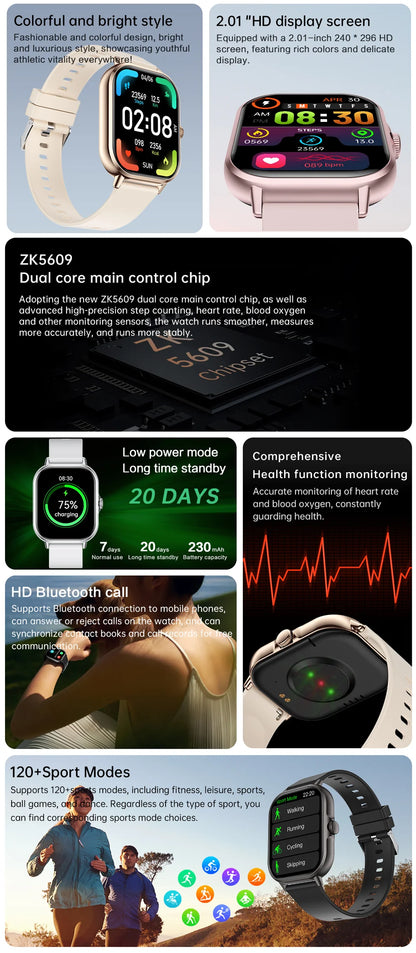 2024 2.01'' Smart Watch Bluetooth Call Play Music Smartwatch Fitness Sport Waterproof Watches for Men Women iPhone Android