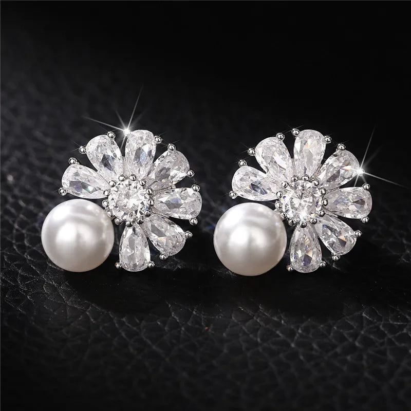 Luxury CZ Imitation Pearl Earrings for Women Silver Color Temperament Elegant Lady Earrings Wedding Party Fashion Jewelry