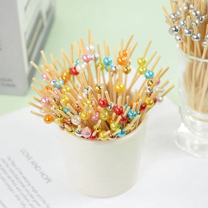 100pcs Wedding Party Pearl Disposable Skewers Food Fruit Picks Bamboo Cocktail Buffet Cake Toothpick Wedding Birthday Supplies