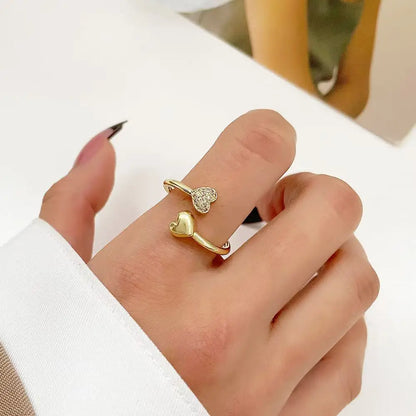 New Smooth Double Heart Shiny Zircon Love Ring Adjustable Finger Ring, Suitable For Women's Daily Wear Jewelry Gifts
