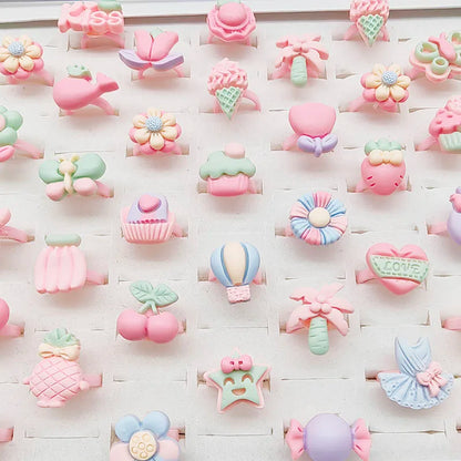 30pcs/Lot Wholesale Child Open Design Resin Candy Flower Finger Rings Plastic Pink Kid Ring Children Party Gifts Birthday Girls