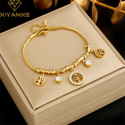 XIYANIKE 316L Stainless Steel Bracelet Golden Life Tree White Zircon Pendant Accessories for Women Simple Jewelry Gift Pulsera