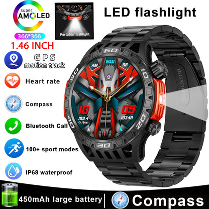Outdoor Military Smart Watch Men's With LED lighting Bluetooth Call Smartwatch 3ATM IP68 Waterproof Compass Sports Fitness Watch