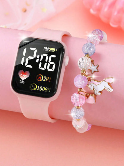 1pcs Ladies Love Pink Silicone LED Electronic Watch +1pcs Unicorn Crystal Bracelet Set for MOTHER'S Day Exclusive Gift