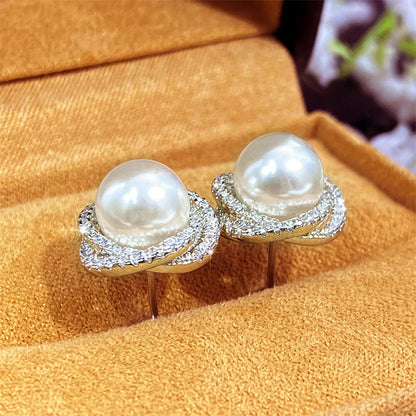 Sparkling Cubic Zirconia Imitation Pearl Stud Earrings for Women Silver Color Temperament Girls Ear Accessory Hot Jewelry