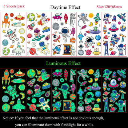 5 Sheets Luminous Tattoo Stickers Temporary Colorful Animal Dinosaur Tattoo Cute Tattoo Stickers Children's Body Tatto