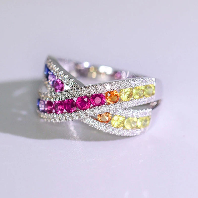 Rainbow CZ Cross Rings for Women Full Bling Iced Out Wedding Party Female Rings Silver Color Statement Jewelry Drop Ship