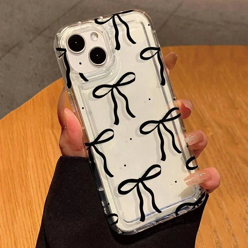 Case For iPhone 16 15 14 13 12 11 Pro Max Coquette Black Bowknot Print Clear Phone Cover For iPhone XR XS X 7 8 Plus SE2 Cases