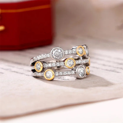 Personality Two Tone Three Line Rings Women Full Paved CZ Sparkling Female Wedding Bands Rings Modern Fashion New Jewelry