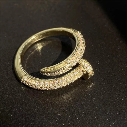 UILZ 14K Real Gold Plating AAA+ Zircon Simple Snake Shaped Nail Open Ring Elegant Women Daily Workday Ring Party Jewelry