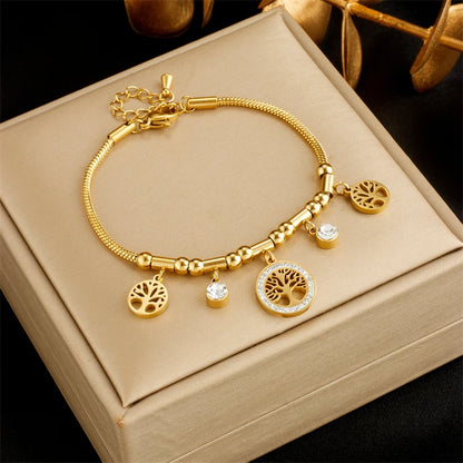 XIYANIKE 316L Stainless Steel Bracelet Golden Life Tree White Zircon Pendant Accessories for Women Simple Jewelry Gift Pulsera