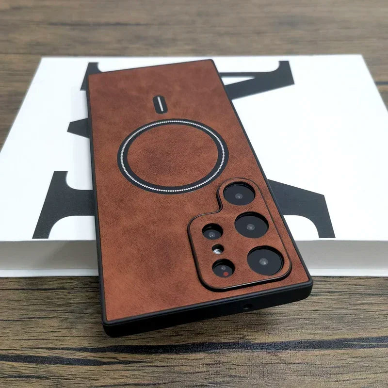 Luxury Matte Leather Case For Samsung Galaxy S25 S24 S23 S22 S21 Ultra Plus FE Note 20 S 23 22 For Magsafe Wireless Full Cover