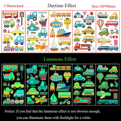 5 Sheets Luminous Tattoo Stickers Temporary Colorful Animal Dinosaur Tattoo Cute Tattoo Stickers Children's Body Tatto