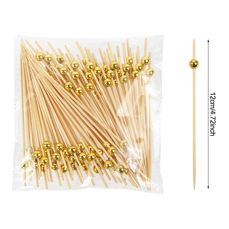 100pcs Wedding Party Pearl Disposable Skewers Food Fruit Picks Bamboo Cocktail Buffet Cake Toothpick Wedding Birthday Supplies