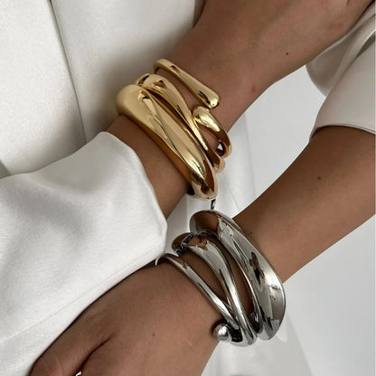 DIEZI 3 Styles Vintage Hip Hop Metal Cuff Bangles Punk Gold Silver Color Geometric Spring Bangles For Women Bracelet Men Jewelry