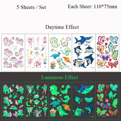 5 Sheets Luminous Tattoo Stickers Temporary Colorful Animal Dinosaur Tattoo Cute Tattoo Stickers Children's Body Tatto