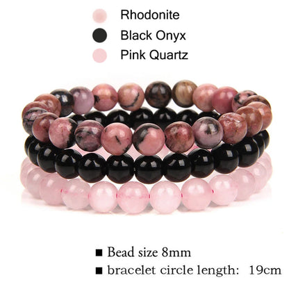 3Pcs Natural Stone Bracelet 8mm Rhodonite Rose Pink Quartzs Amethysts Hematite Bracelets For Women Men Jewelry