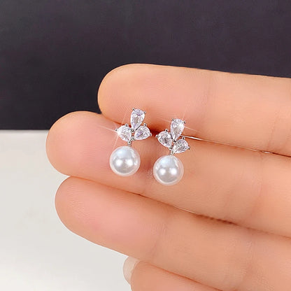 Dainty Simulated Pearl Earrings for Women with Shiny Cubic Zirconia Delicate Female Earrings Elegant Daily Wear Jewelry