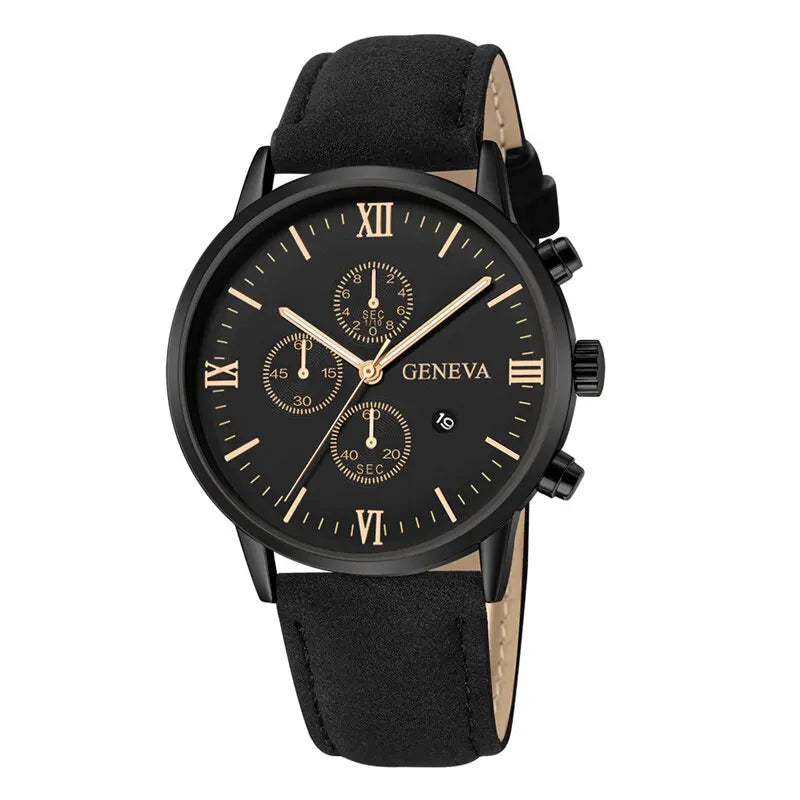 Mens Fashion Business Quartz Watch Fashion Fake Three Eye Six Pin Calendar Mens Watch Leather Belt Mens Watches
