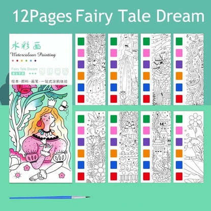 Portable Watercolor Painting Book 12 Sheets Coloring Book With Paint Brush Gouache Book Kids Graffiti Picture Drawing Toys