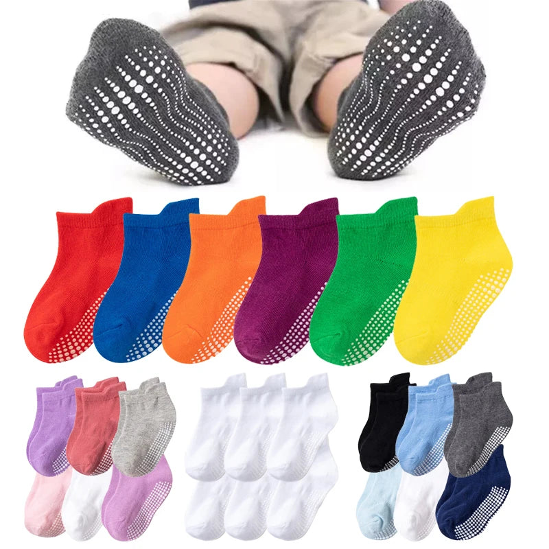 6/12 Pairs/lot 0-5 Yrs Cotton Children's Anti-slip Boat Socks For Boys Girl Low Cut Floor Kid Sock With Rubber Grips Polka dot