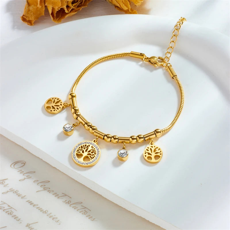 XIYANIKE 316L Stainless Steel Bracelet Golden Life Tree White Zircon Pendant Accessories for Women Simple Jewelry Gift Pulsera
