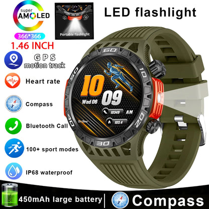 Outdoor Military Smart Watch Men's With LED lighting Bluetooth Call Smartwatch 3ATM IP68 Waterproof Compass Sports Fitness Watch