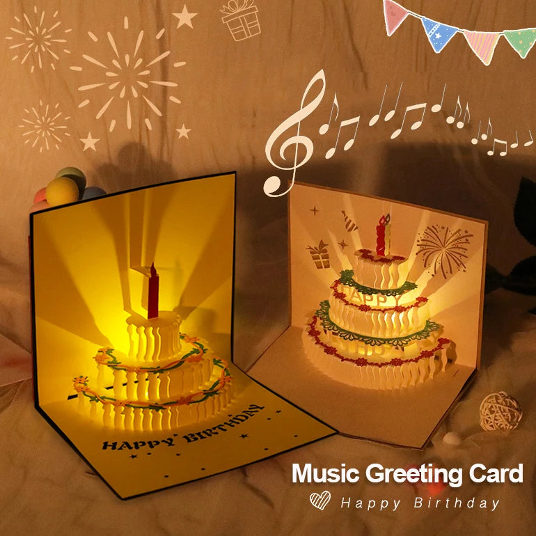 3D Light Music Birthday Card Pop Up Cake Creative Greeting Card Happy Birthday Party Gift Message Cards