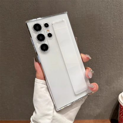 Luxury Ultra-Thin Matte Elastic Silicone Wrist Strap Shockproof Case For Samsung S25 Edge S24 S23 Ultra Plus PC Hard Clear Cover