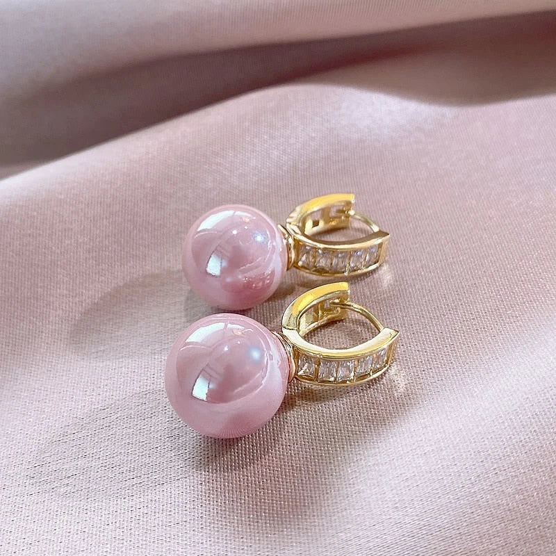 White/Pink Round Imitation Pearl Earrings for Women Gold Color Temperament Lady's Accessory Wedding Party Trendy Jewelry
