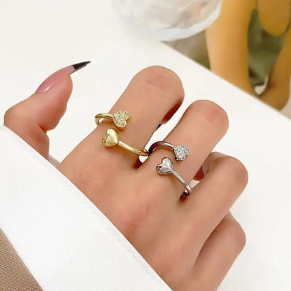 New Smooth Double Heart Shiny Zircon Love Ring Adjustable Finger Ring, Suitable For Women's Daily Wear Jewelry Gifts