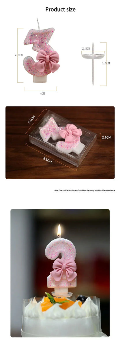 Cute Pink Bow 3D Number Cake Candles for Birthday Party Decorations Birthday Decoration  Cake Decorating Tools