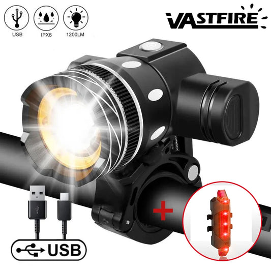 NEW T6 LED Bicycle Front Light With Taillight USB Rechargeable Lantern Zoom Bike Headlight Cycling Flashlight Bike Accessories