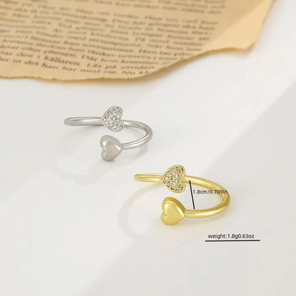 New Smooth Double Heart Shiny Zircon Love Ring Adjustable Finger Ring, Suitable For Women's Daily Wear Jewelry Gifts