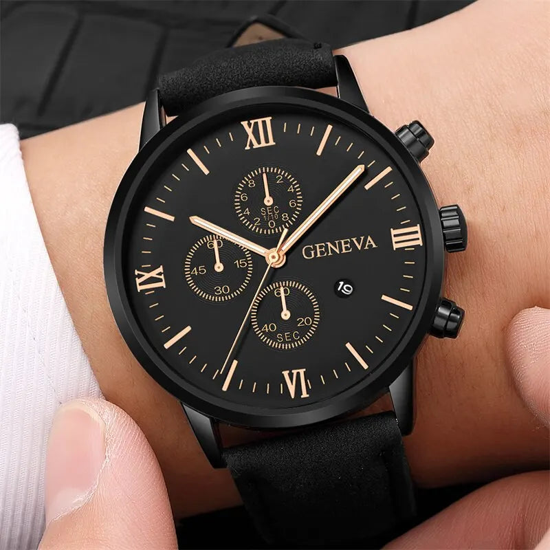 Mens Fashion Business Quartz Watch Fashion Fake Three Eye Six Pin Calendar Mens Watch Leather Belt Mens Watches