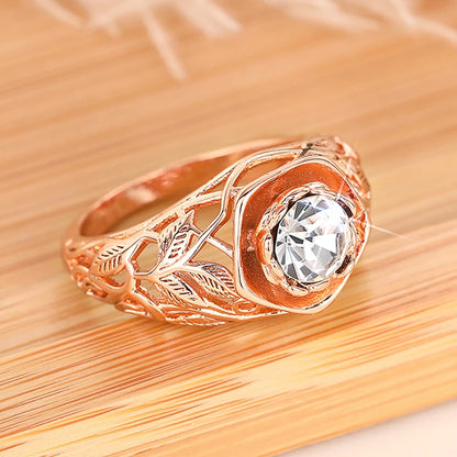 Aesthetic Rose Gold Color Flower Ring Female Engagement Accessories with Bright Zirconia Graceful Wedding Band Jewelry