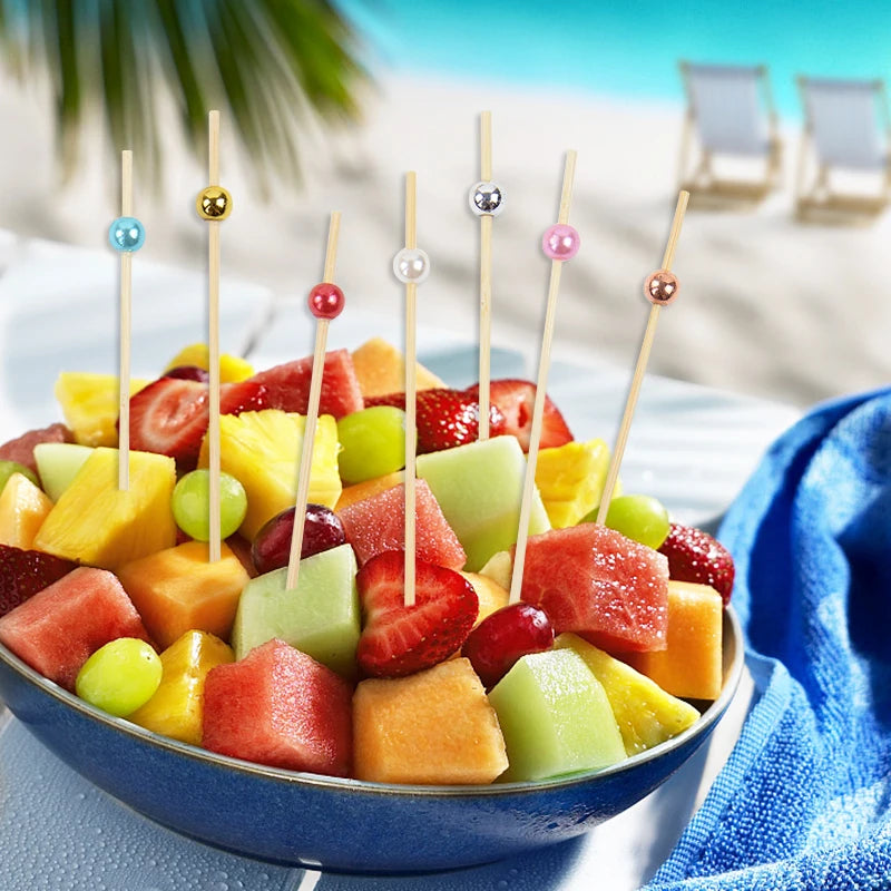 100pcs Wedding Party Pearl Disposable Skewers Food Fruit Picks Bamboo Cocktail Buffet Cake Toothpick Wedding Birthday Supplies